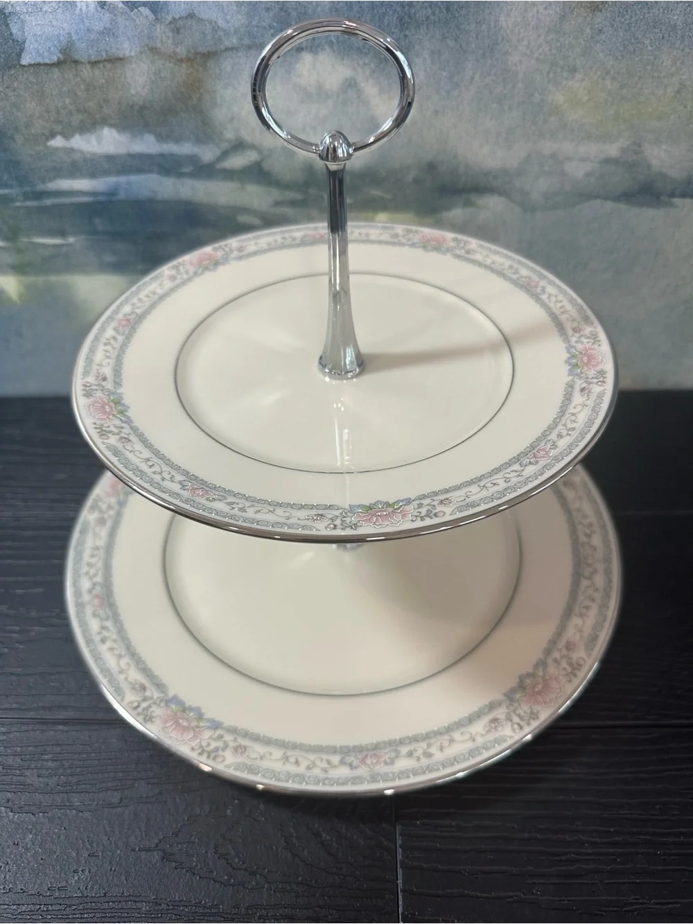 Lenox  Charleston Two Tier Cream and Pink, Silver Rimmed. Floral Serving Stand